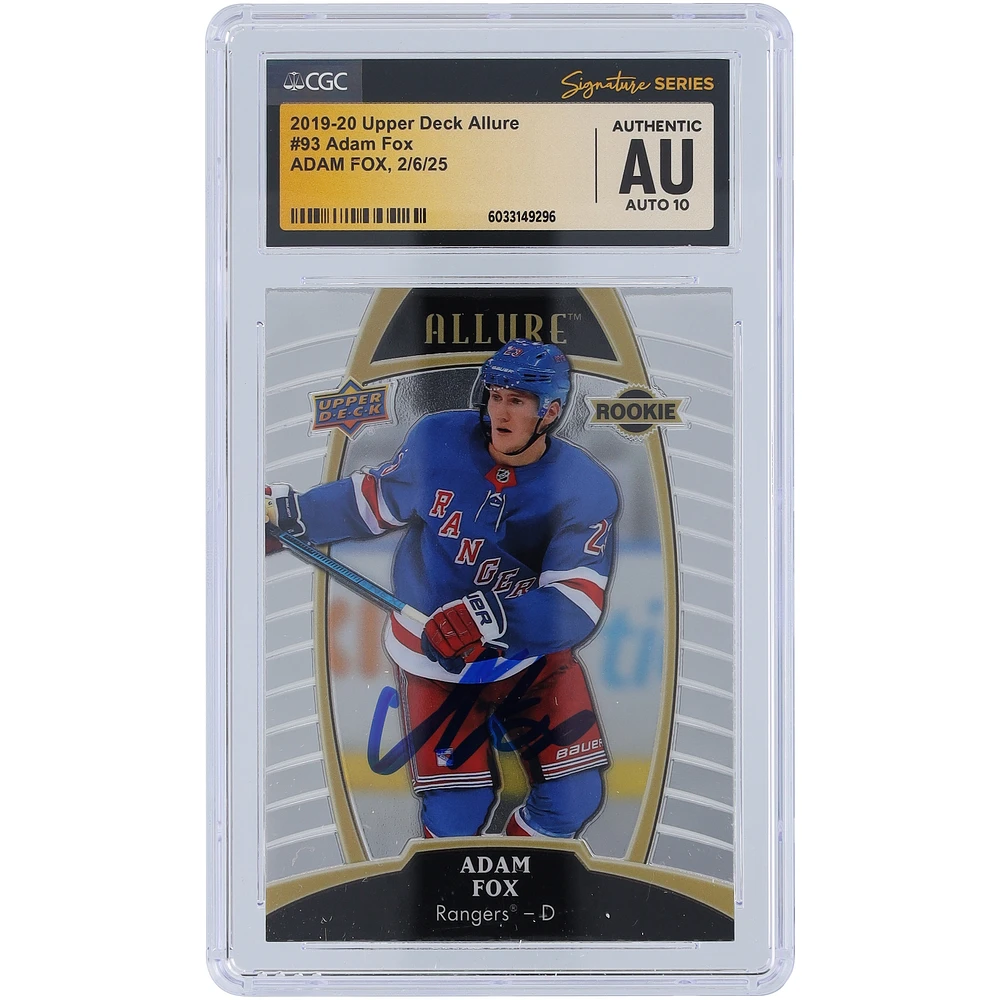 Adam Fox New York Rangers Autographed 2019-20 Upper Deck Allure #93 CGC Fanatics Witnessed Authenticated Auto 10 Rookie Card