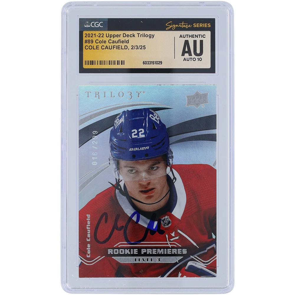 Cole Caufield Montreal Canadiens Autographed 2021-22 Upper Deck Trilogy #89 #/299 CGC Fanatics Witnessed Authenticated Auto 10 Rookie Card