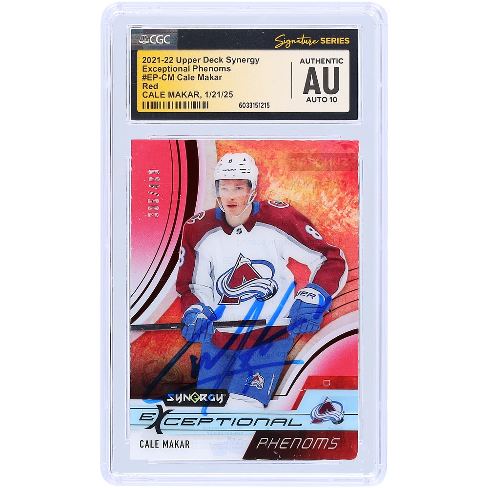 Cale Makar Colorado Avalanche Autographed 2021-22 Upper Deck Synergy Exceptional Phenoms #EP-CM #/ CGC Fanatics Witnessed Authenticated Auto 10 Card
