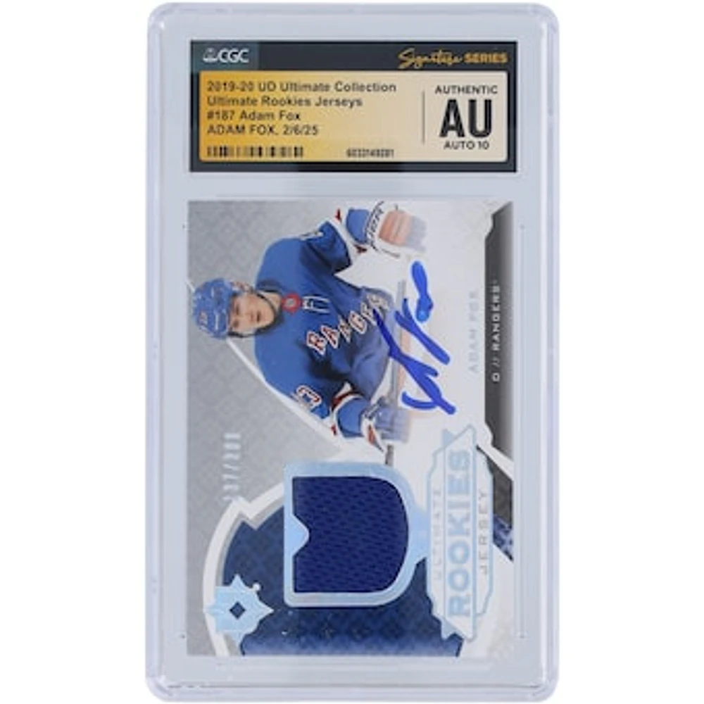 Adam Fox New York Rangers Autographed 2019-20 Upper Deck Ultimate Collection Ultimate Rookie Jersey Relic #187 #/399 CGC Fanatics Witnessed Authenticated Auto 10 Rookie Card