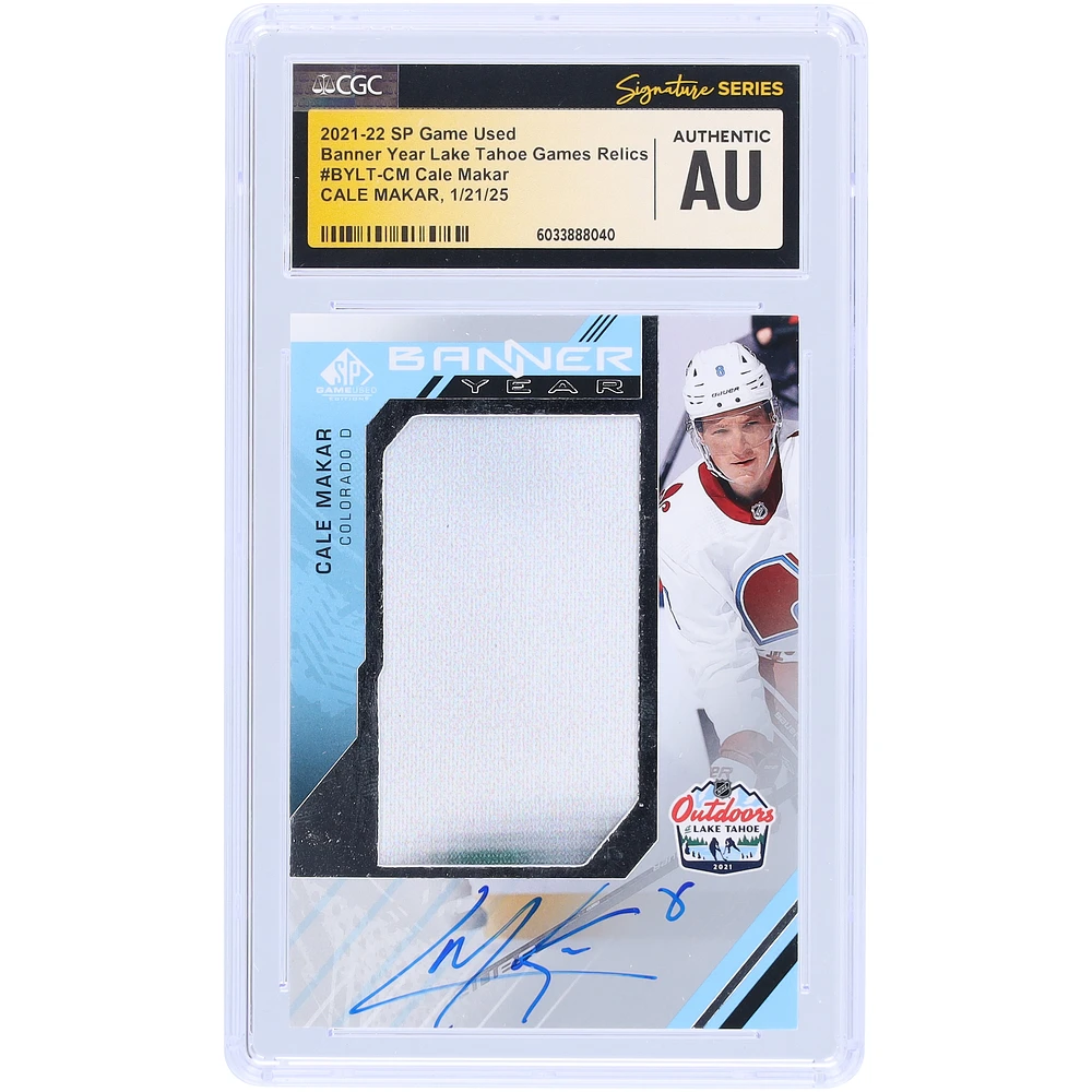 Cale Makar Colorado Avalanche Autographed 2021-22 Upper Deck SP Game Used Banner Year Lake Tahoe Game Relics #BYLT-CM CGC Fanatics Witnessed Authenticated Card