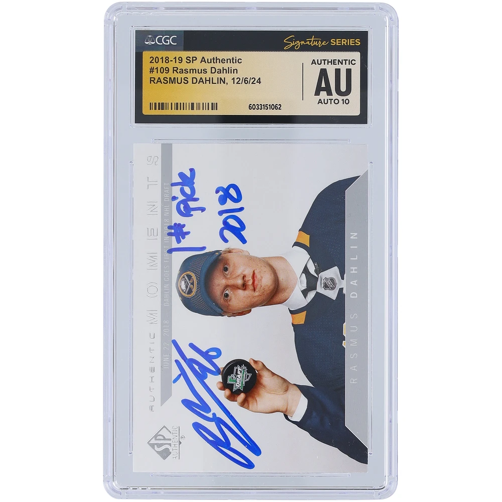 Rasmus Dahlin Buffalo Sabres Autographed 2018-19 Upper Deck SP Authentic #109 CGC Fanatics Witnessed Authenticated Auto 10 Rookie Card with "#1 Pick 2018" Inscription