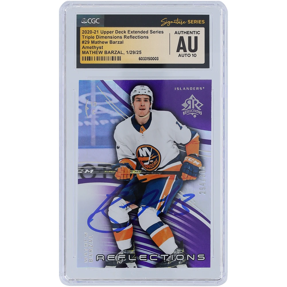 Mathew Barzal New York Islanders Autographed 2020-21 Upper Deck Extended Series Amethyst Triple Dimensions Reflections #29 #/300 CGC Fanatics Witnessed Authenticated Auto 10 Card
