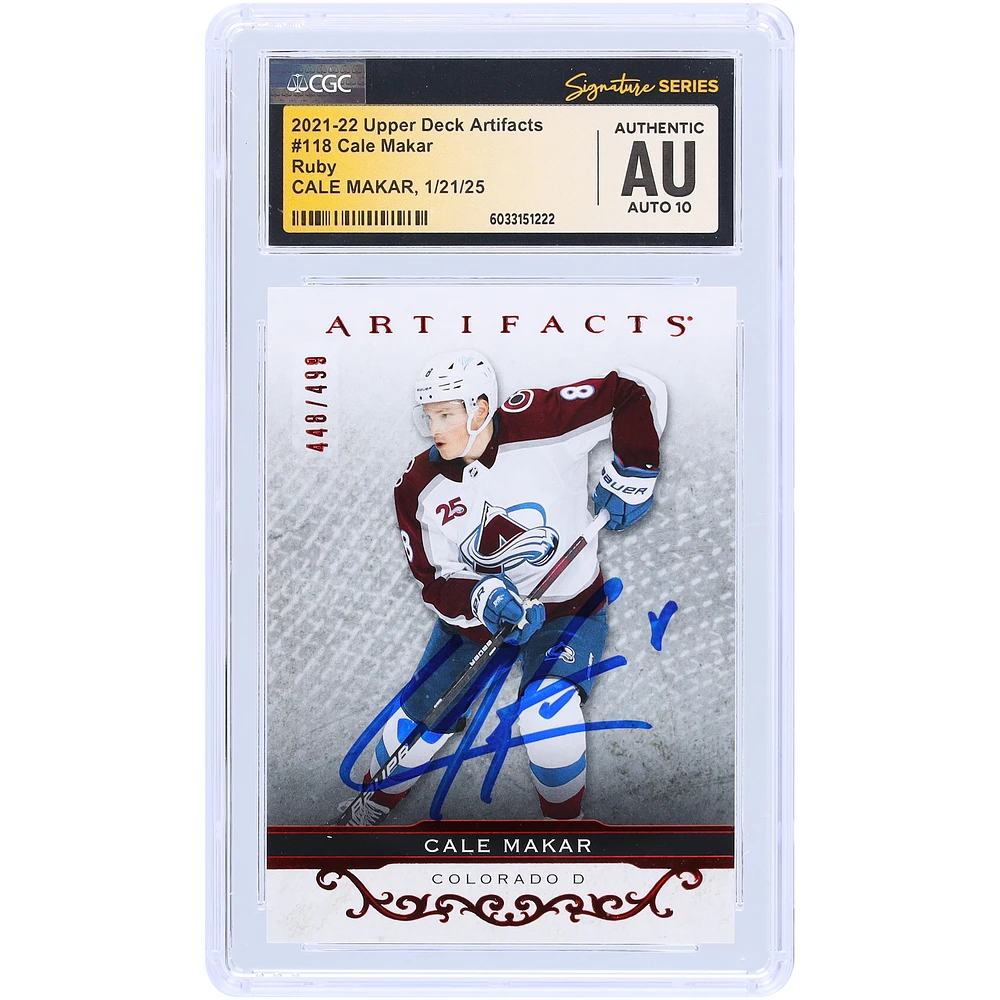 Cale Makar Colorado Avalanche Autographed 2021-22 Upper Deck Artifacts Ruby #118 #/499 CGC Fanatics Witnessed Authenticated Auto 10 Card