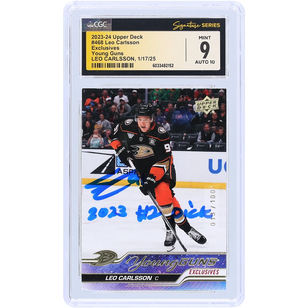 Leo Carlsson Anaheim Ducks Autographed 2023-24 Upper Deck Series 2 Young Guns Exclusives #468 #/100 CGC Fanatics Witnessed Authenticated 9/10 Rookie Card with "2023 #2 Pick" Inscription