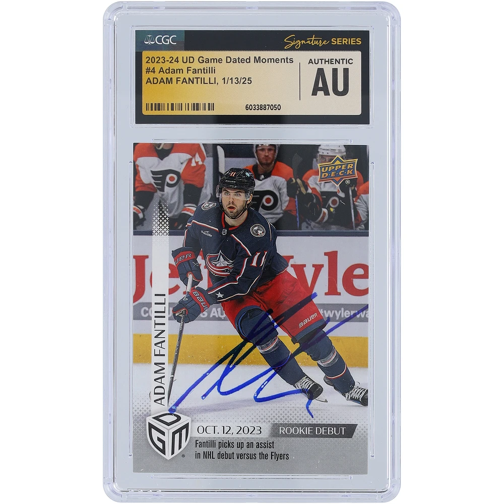 Adam Fantilli Columbus Blue Jackets Autographed 2023-24 Upper Deck Game Dated Moments Rookie Debut #4 #/1199 CGC Fanatics Witnessed Authenticated Rookie Card