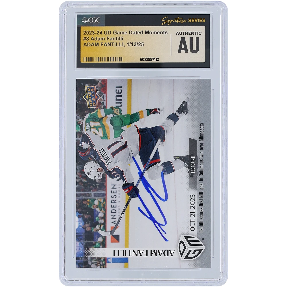 Adam Fantilli Columbus Blue Jackets Autographed 2023-24 Upper Deck Game Dated Moments Rookie Debut #8 #/1199 CGC Fanatics Witnessed Authenticated Rookie Card