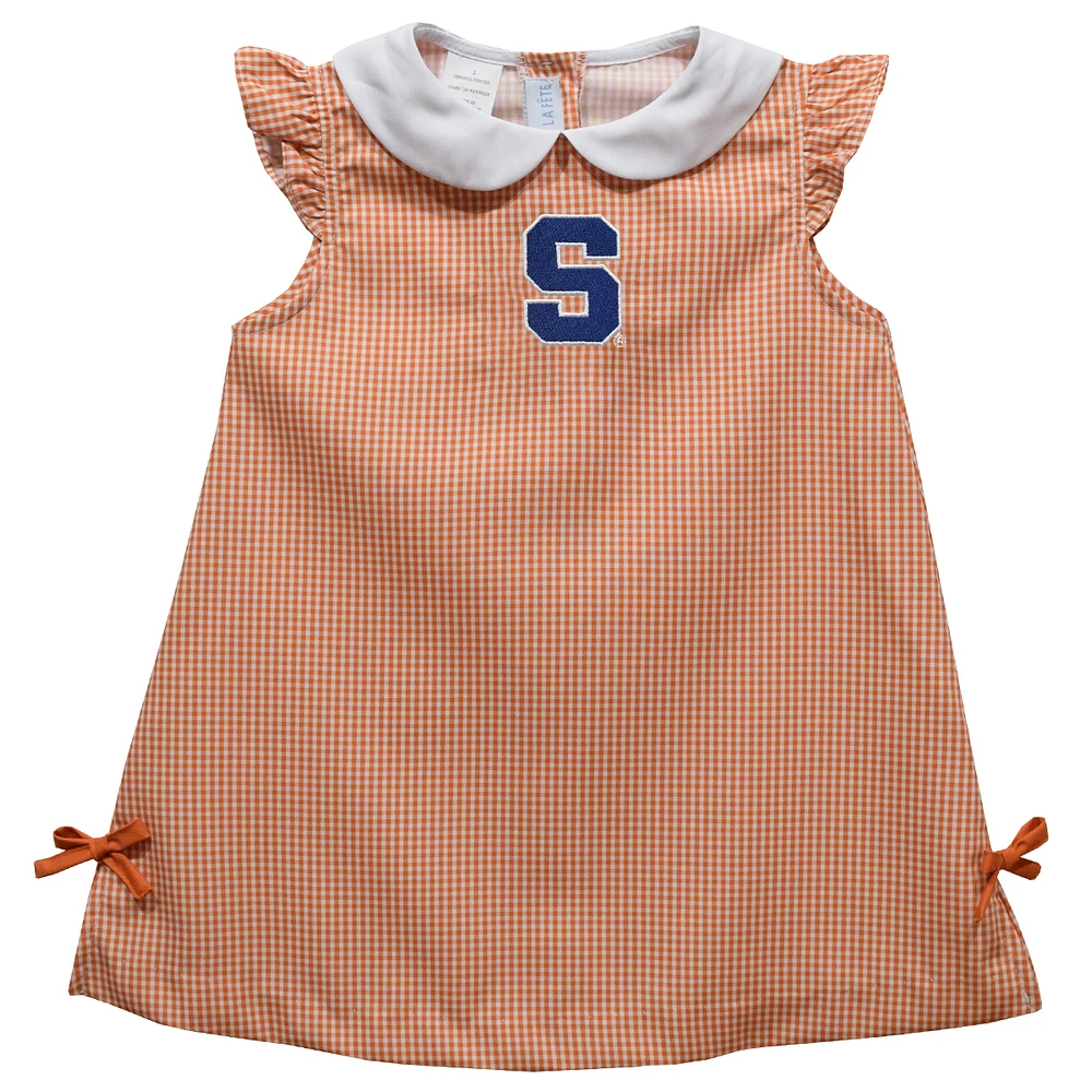 Infant Girls Vive La Fete Orange Syracuse Mini Check Pattern A-Line Dress