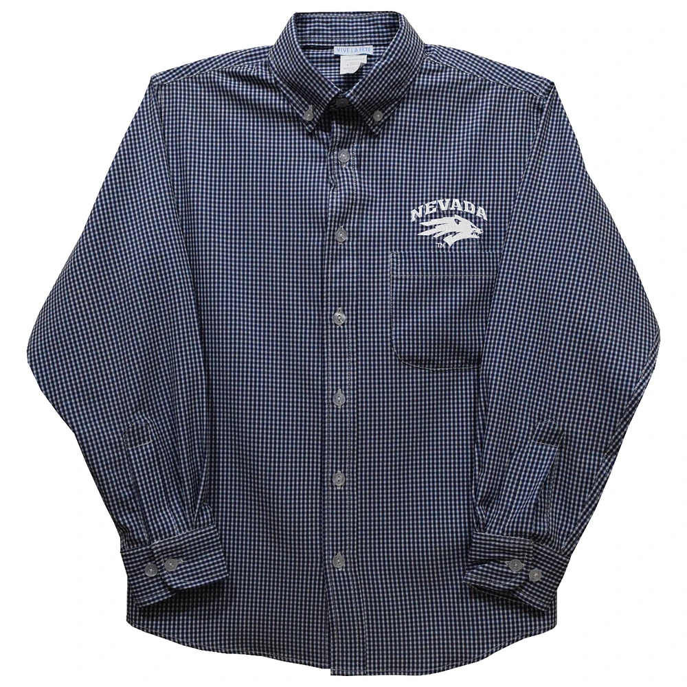 Youth Vive La Fete Navy Nevada Wolf Pack Gingham Button-Down Long Sleeve Shirt
