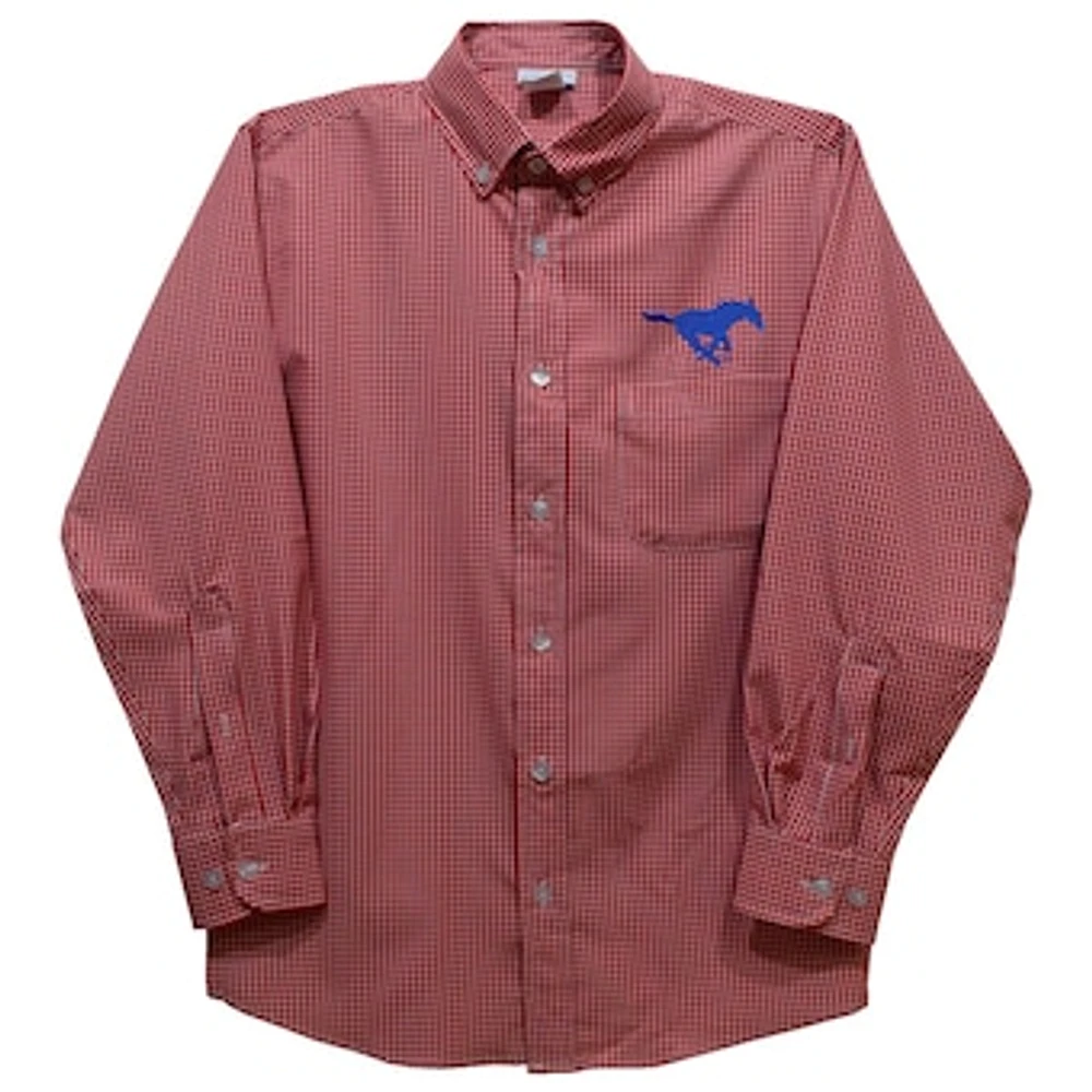 Youth Vive La Fete Red SMU Mustangs Gingham Button-Down Long Sleeve Shirt