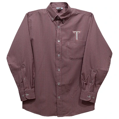 Youth Vive La Fete Cardinal Troy University Trojans Gingham Button-Down Long Sleeve Shirt