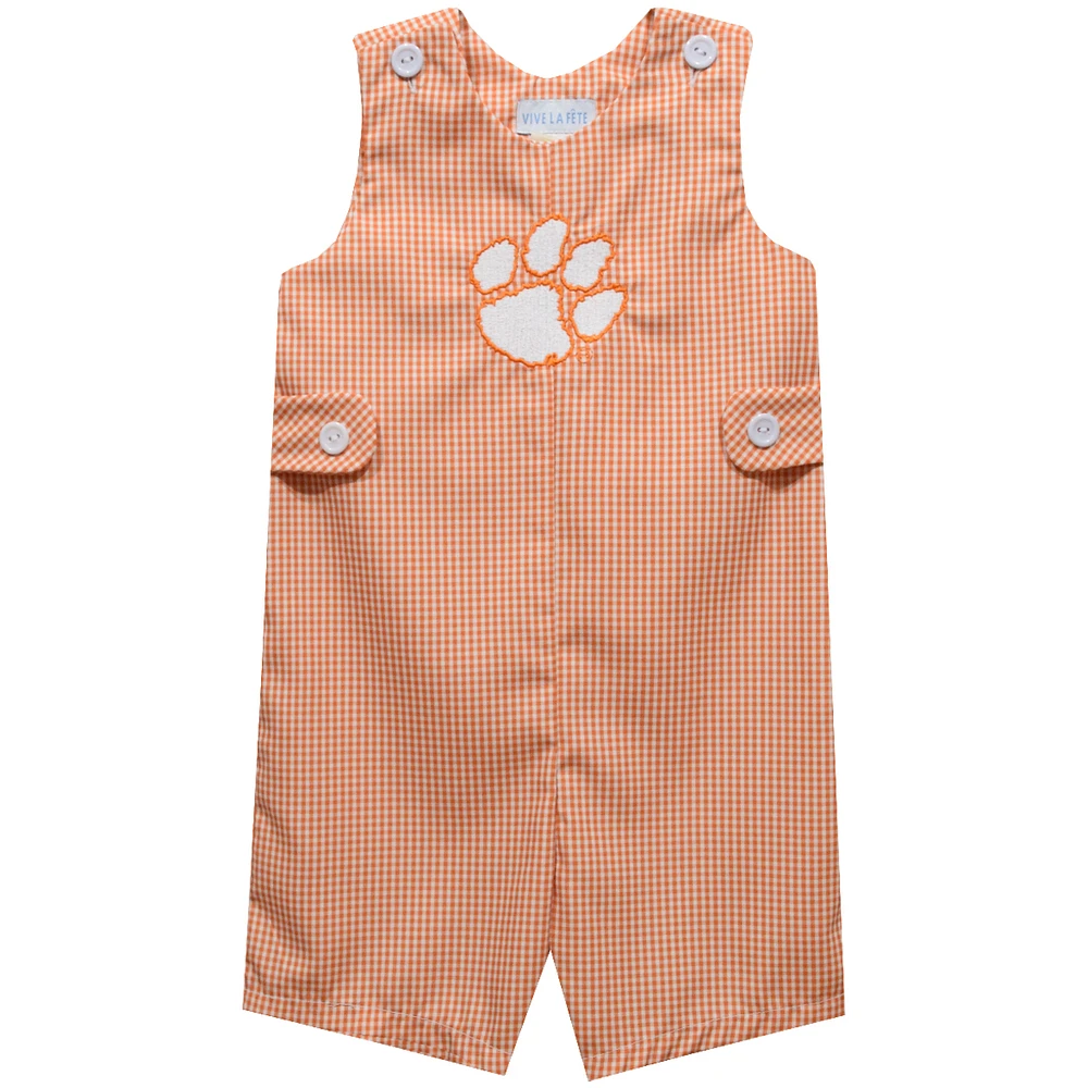 Toddler Vive La Fete Orange Clemson Tigers Gingham Jon Jon Romper