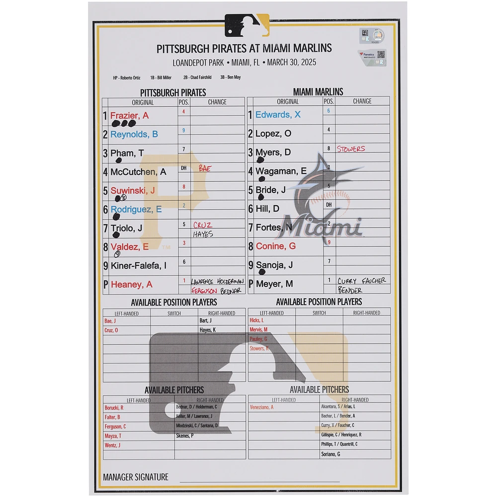 Pittsburgh Pirates Game-Used Lineup Card vs. Miami Marlins on March 30, 2025