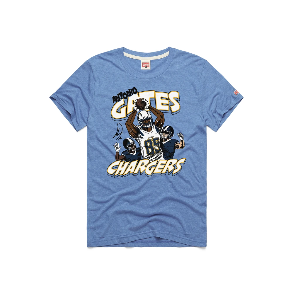 Men's Homage Antonio Gates Powder Blue Los Angeles Chargers Caricature Player Graphic Tri-Blend T-Shirt