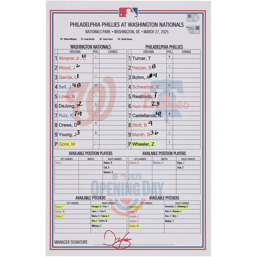 Washington Nationals Game-Used Lineup Card vs. Philadelphia Phillies on March 27, 2025 - Opening Day