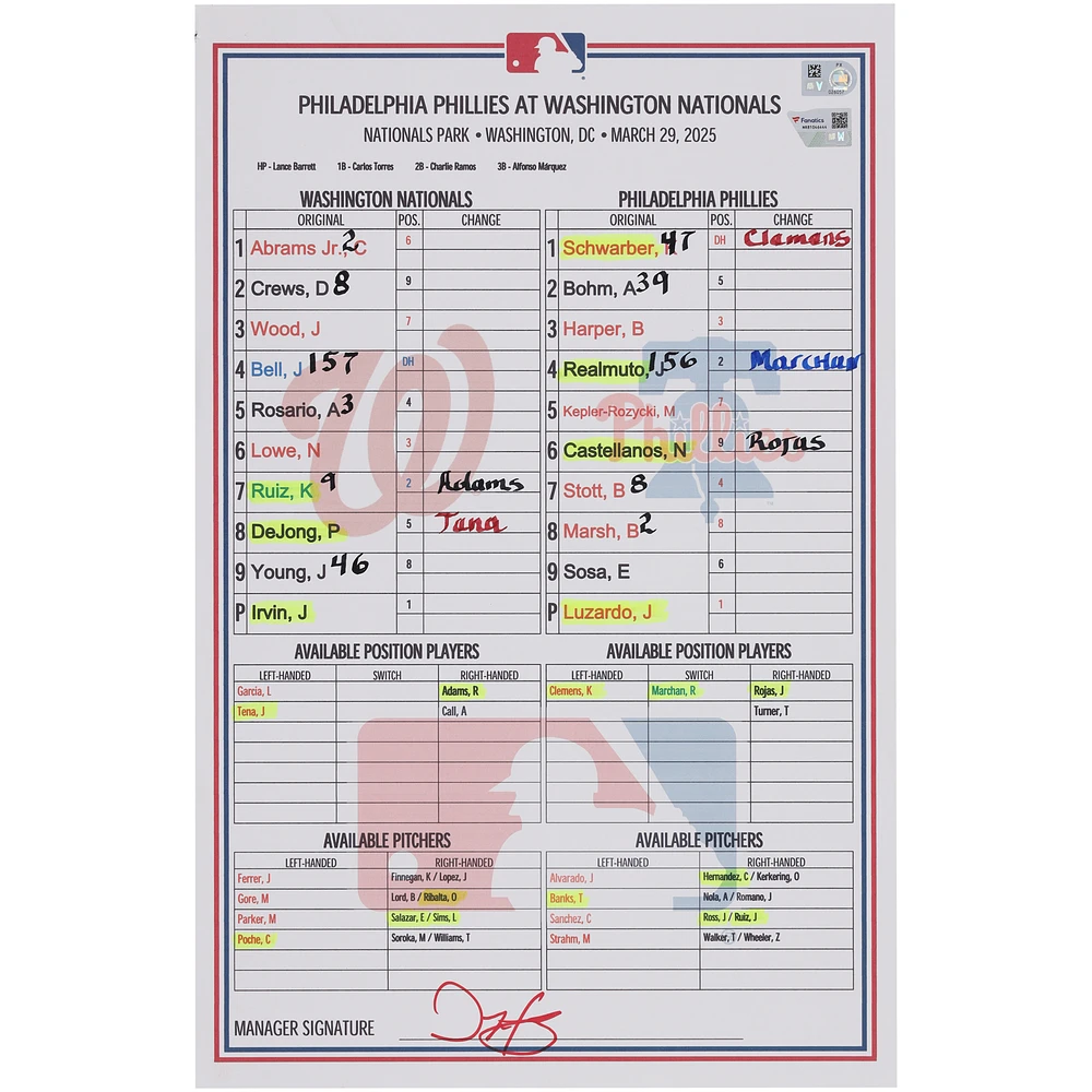 Washington Nationals Game-Used Lineup Card vs. Philadelphia Phillies on March 29, 2025