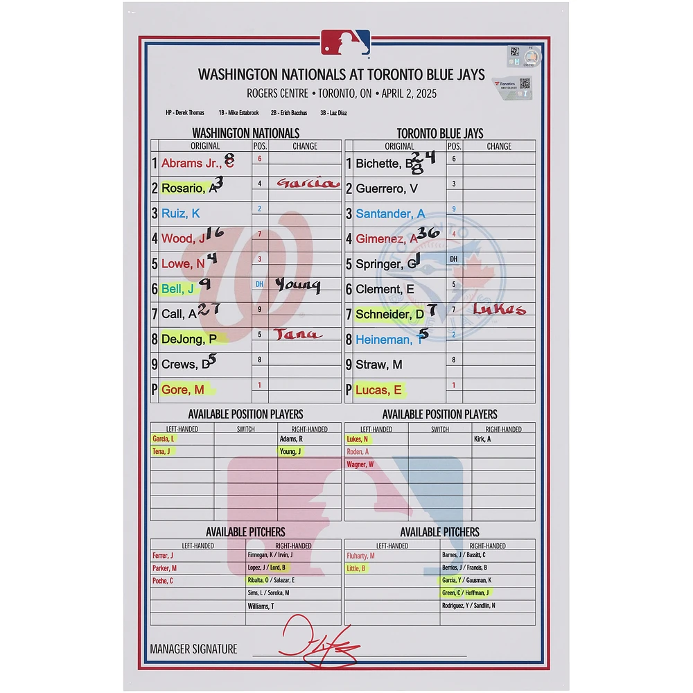 Washington Nationals Game-Used Lineup Card vs. Toronto Blue Jays on April 2, 2025