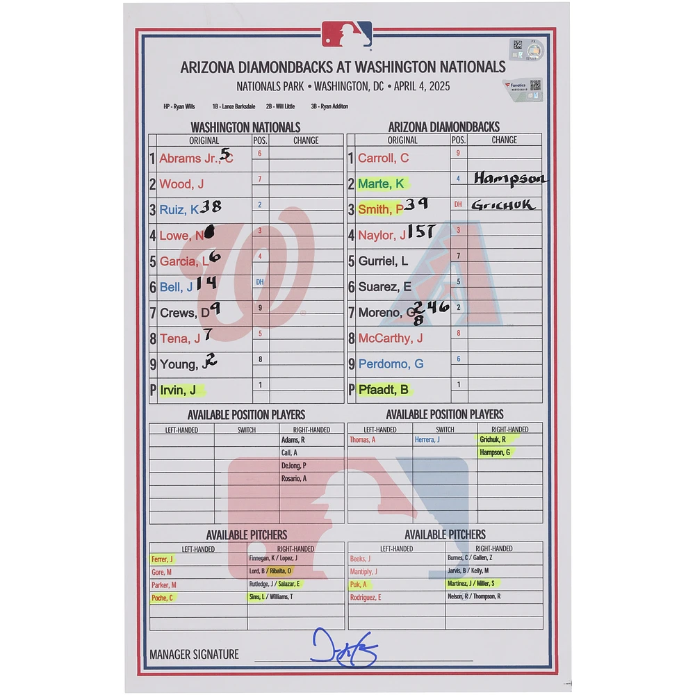 Washington Nationals Game-Used Lineup Card vs. Arizona Diamondbacks on April 4, 2025