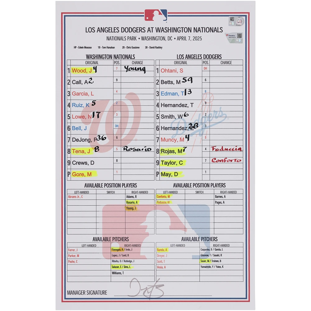 Washington Nationals Game-Used Lineup Card vs. Los Angeles Dodgers on April 7, 2025