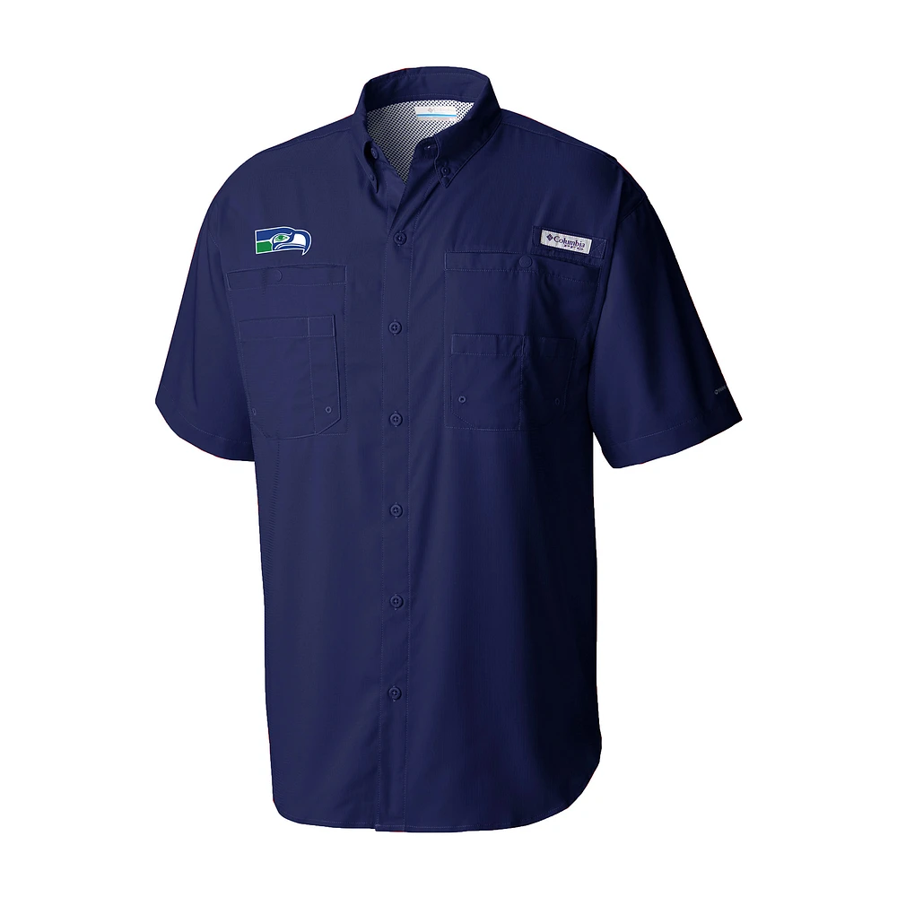 Men's Columbia College Navy Seattle Seahawks Throwback Logo Tamiami Omni-Shade Button-Down Shirt