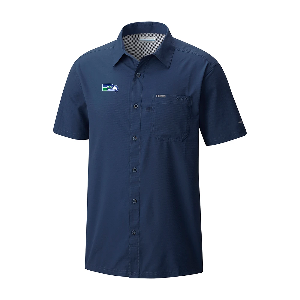 Men's Columbia College Navy Seattle Seahawks Slack Tide Omni-Wick Throwback Logo Button-Up Camp Shirt