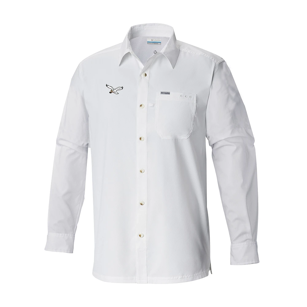 Men's Columbia White Philadelphia Eagles Slack Tide Omni-Wick Long Sleeve Button-Up Camp Shirt