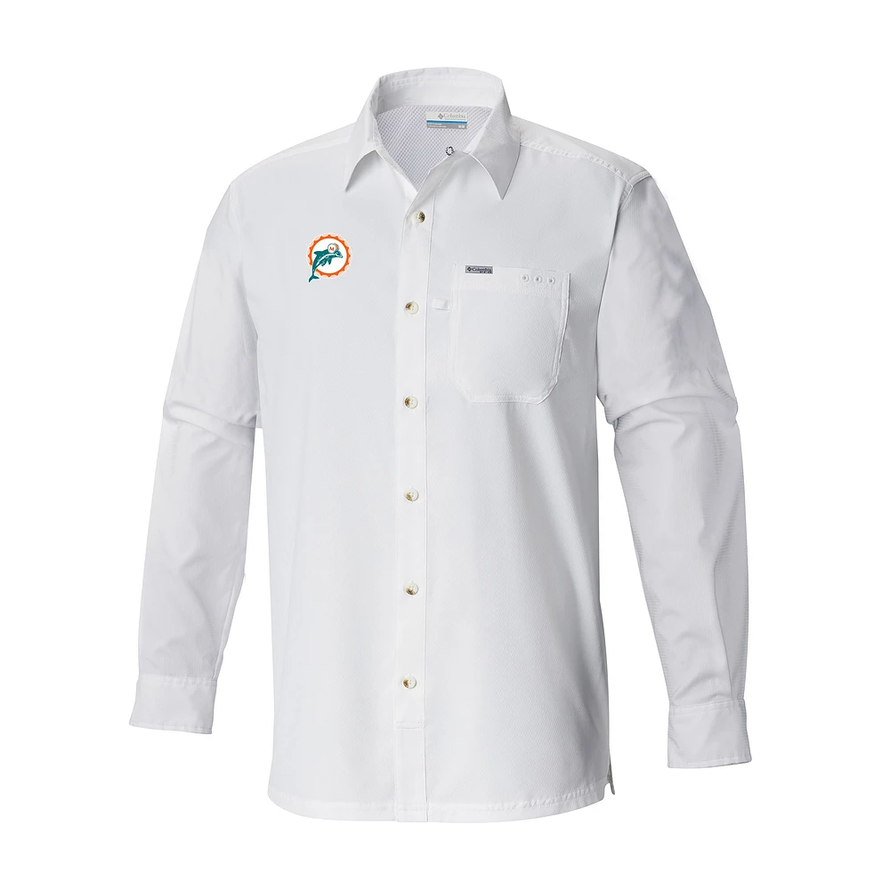Men's Columbia White Miami Dolphins Slack Tide Omni-Wick Long Sleeve Button-Up Camp Shirt