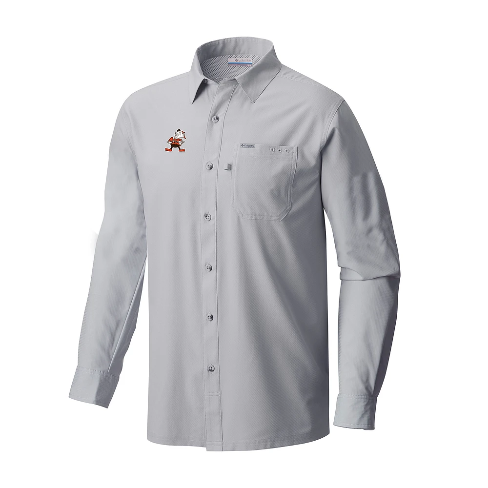 Men's Columbia Gray Cleveland Browns Slack Tide Omni-Wick Long Sleeve Button-Up Camp Shirt