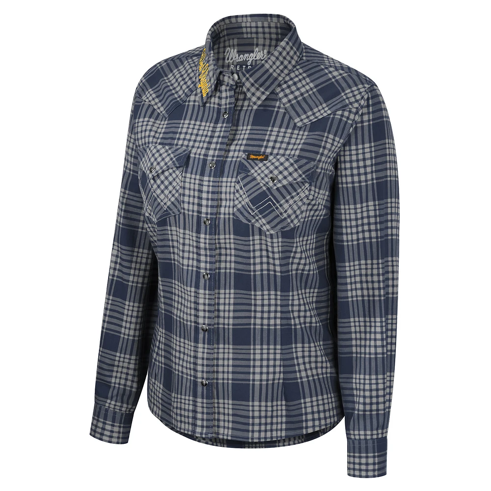 Women's Colosseum x Wrangler Navy West Virginia Mountaineers Plaid Long Sleeve Western Full-Snap Top