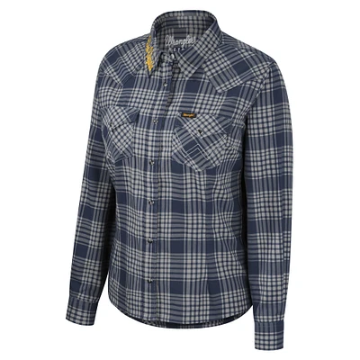Women's Colosseum x Wrangler Navy West Virginia Mountaineers Plaid Long Sleeve Western Full-Snap Top