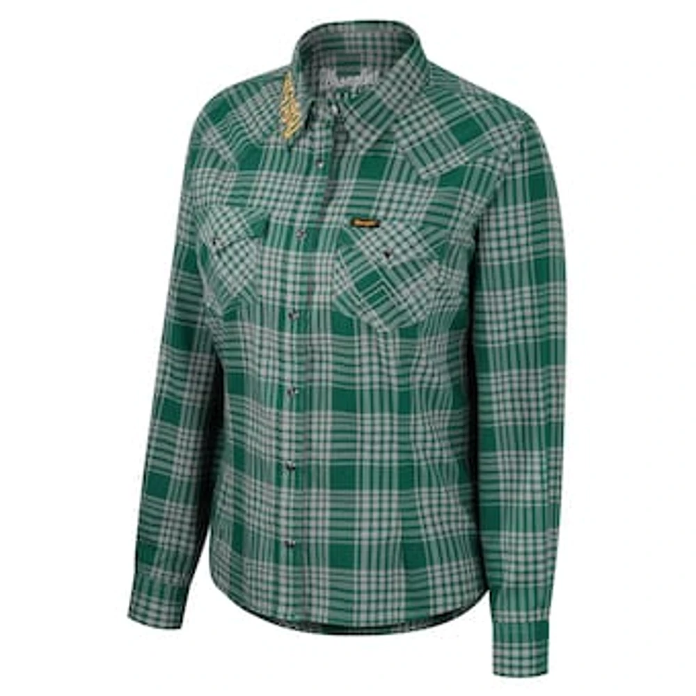 Women's Colosseum x Wrangler Green NDSU Bison Plaid Long Sleeve Western Full-Snap Top
