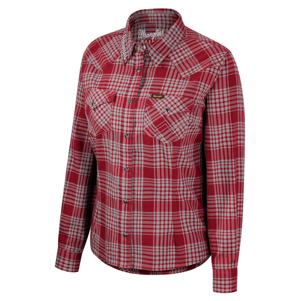 Women's Colosseum x Wrangler Cardinal Arkansas Razorbacks Plaid Long Sleeve Western Full-Snap Top