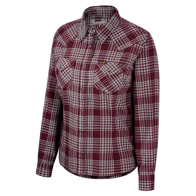 Women's Colosseum x Wrangler Maroon Montana Grizzlies Plaid Long Sleeve Western Full-Snap Top