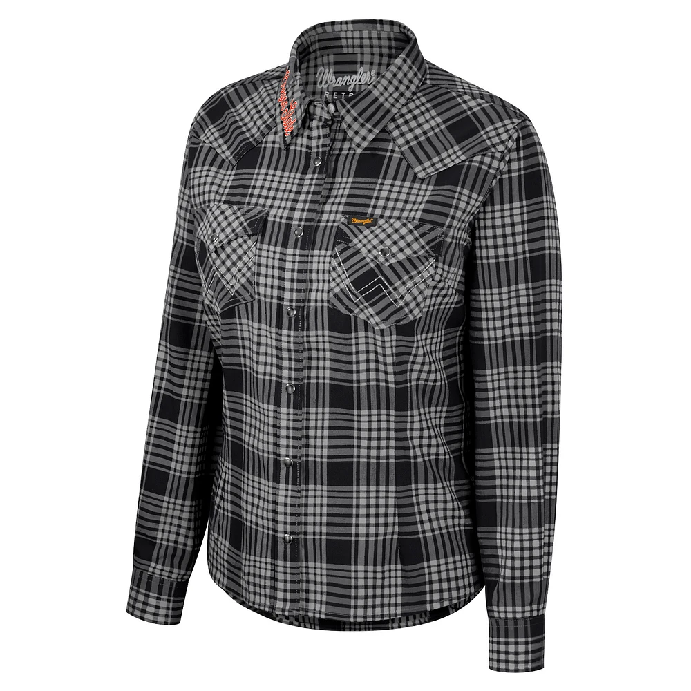 Women's Colosseum x Wrangler Black Oregon State Beavers Plaid Long Sleeve Western Full-Snap Top