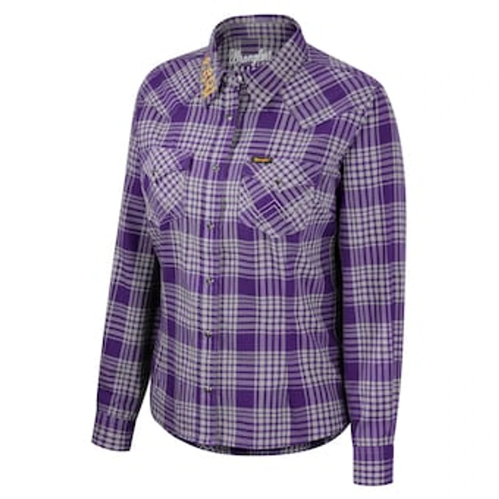 Women's Colosseum x Wrangler Purple LSU Tigers Plaid Long Sleeve Western Full-Snap Top