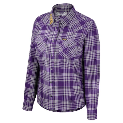 Women's Colosseum x Wrangler Purple LSU Tigers Plaid Long Sleeve Western Full-Snap Top
