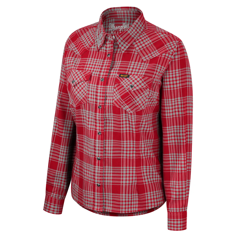 Women's Colosseum x Wrangler Scarlet Ohio State Buckeyes Plaid Long Sleeve Western Full-Snap Top