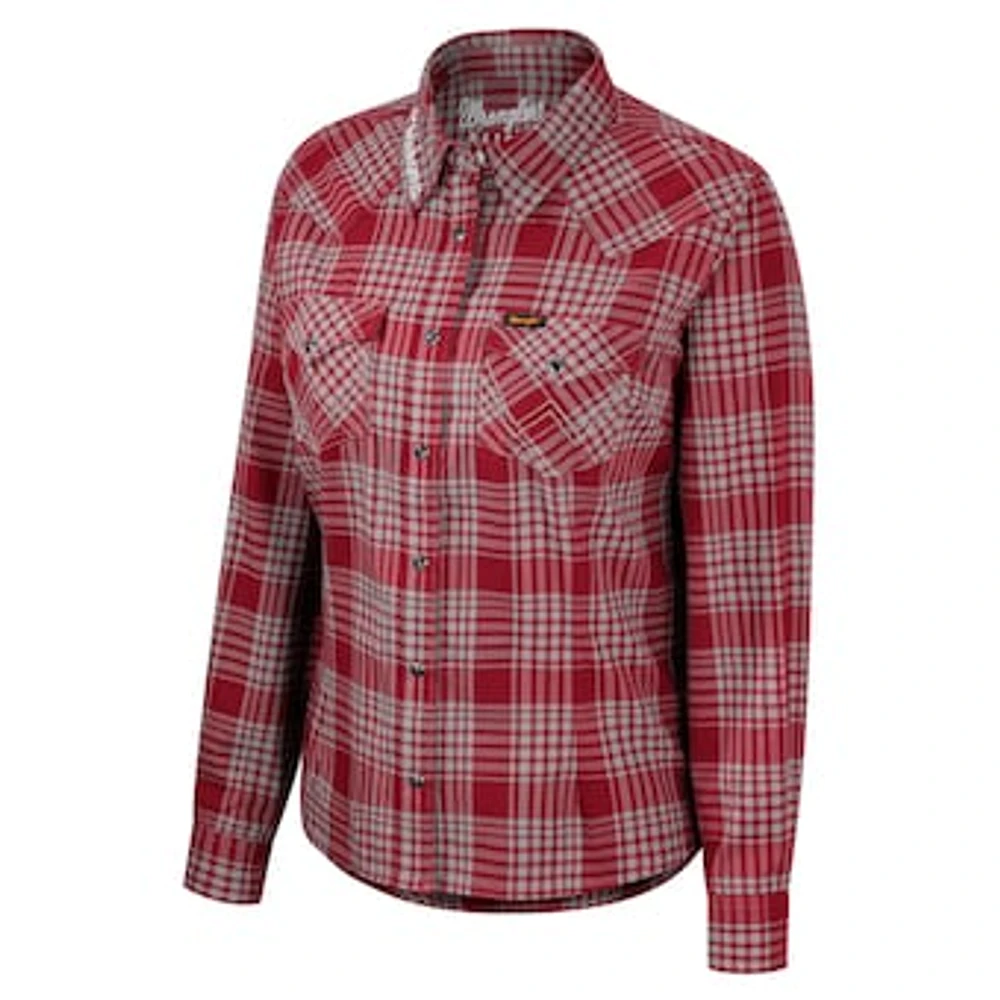 Women's Colosseum x Wrangler Crimson Oklahoma Sooners Plaid Long Sleeve Western Full-Snap Top