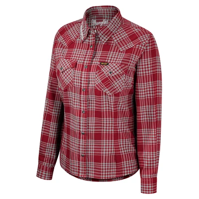 Women's Colosseum x Wrangler Crimson Oklahoma Sooners Plaid Long Sleeve Western Full-Snap Top