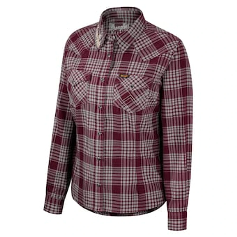 Women's Colosseum x Wrangler Maroon Texas State Bobcats Plaid Long Sleeve Western Full-Snap Top