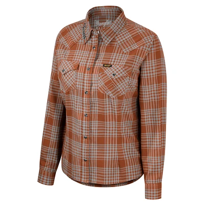 Women's Colosseum x Wrangler Burnt Orange Texas Longhorns Plaid Long Sleeve Western Full-Snap Top