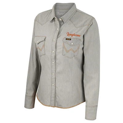 Women's Colosseum x Wrangler Gray Texas Longhorns Long Sleeve Western Full-Snap Shirt