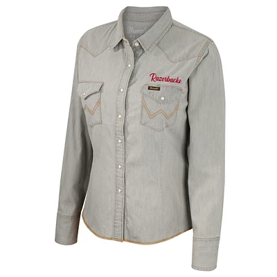 Women's Colosseum x Wrangler Gray Arkansas Razorbacks Long Sleeve Western Full-Snap Shirt