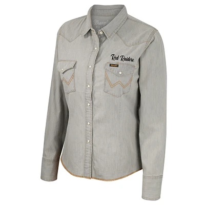 Women's Colosseum x Wrangler Gray Texas Tech Red Raiders Long Sleeve Western Full-Snap Shirt