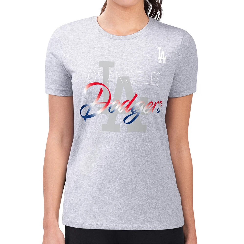 Women's G-III 4Her by Carl Banks Heather Gray Los Angeles Dodgers Super-Slim Fit Lightweight Shadow Logo Graphic T-Shirt