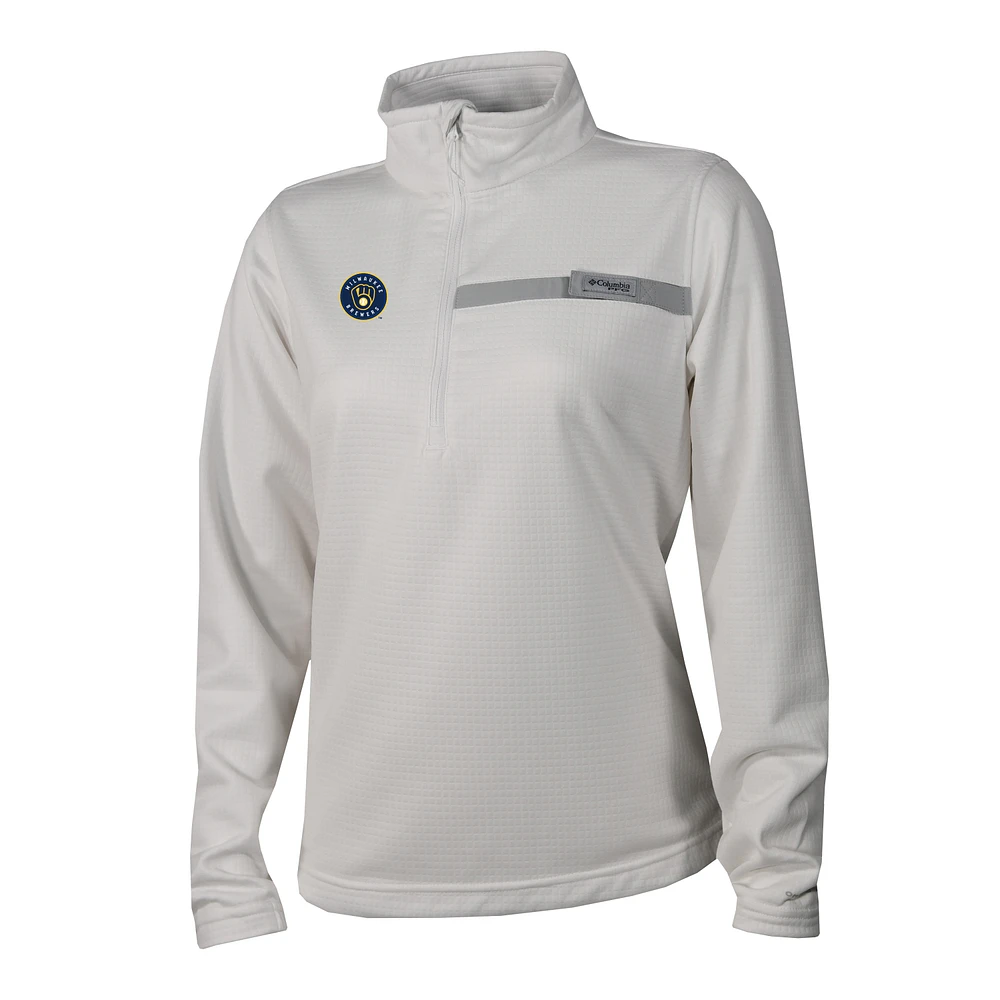 Women's Columbia White Milwaukee Brewers Skiff Guide Fleece Half-Zip Pullover Jacket