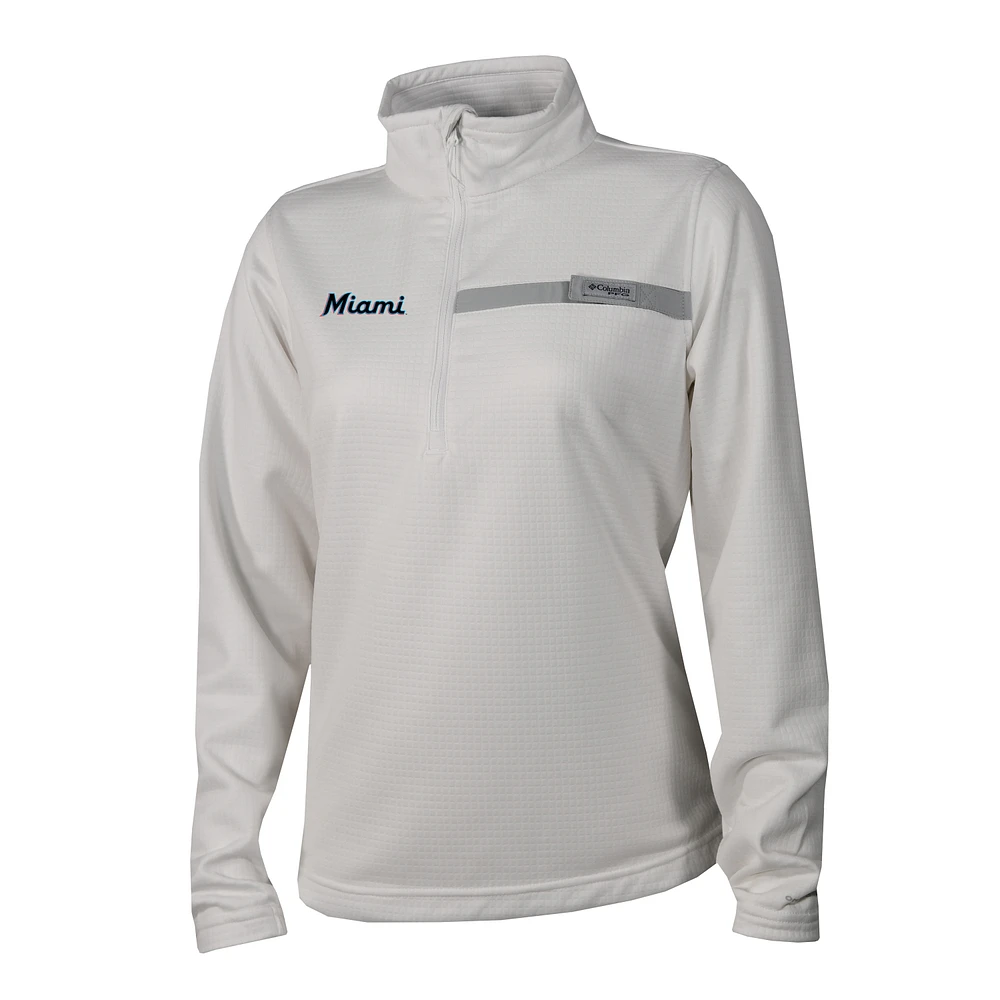 Women's Columbia White Miami Marlins Skiff Guide Fleece Half-Zip Pullover Jacket