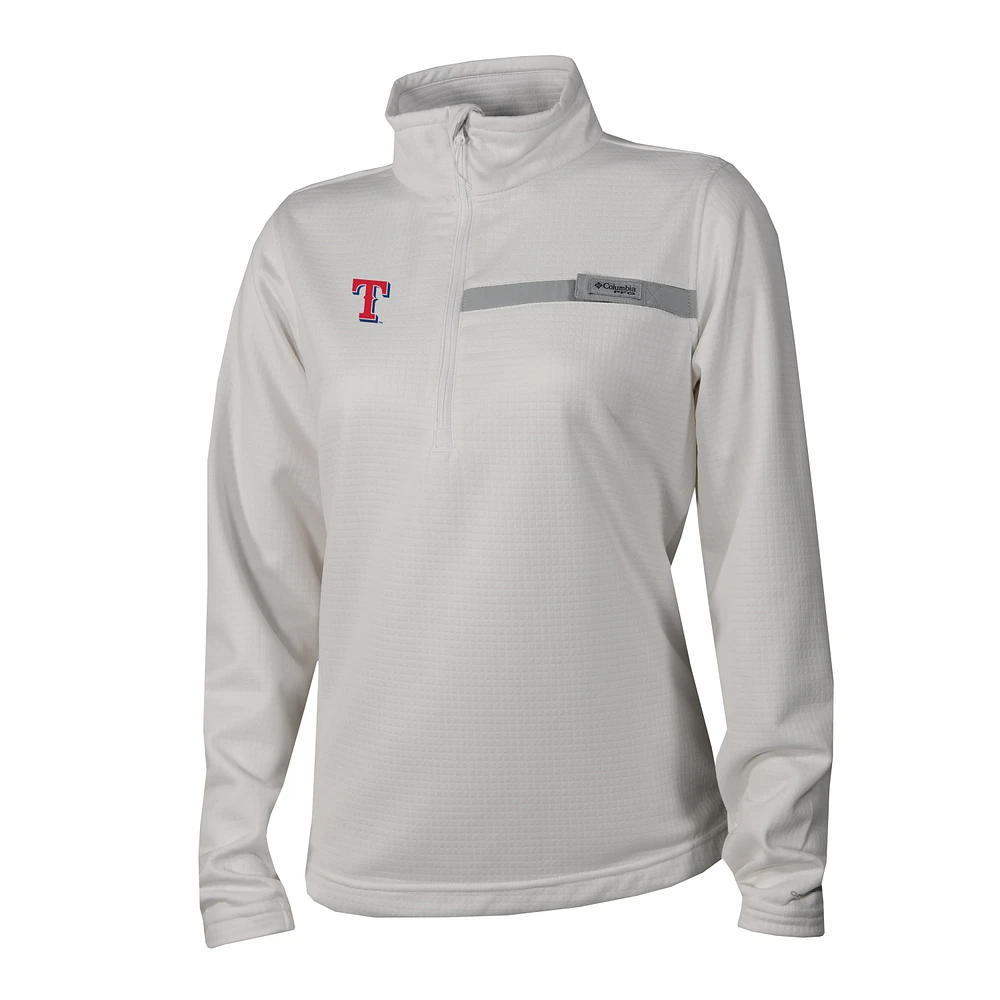 Women's Columbia White Texas Rangers Skiff Guide Fleece Half-Zip Pullover Jacket