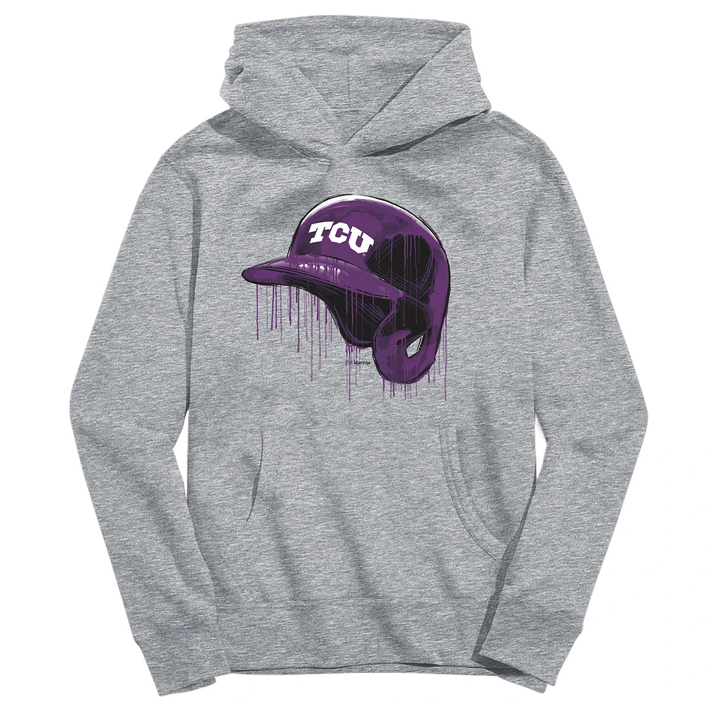 Youth Vive La Fete Heather Gray TCU Horned Frogs Dripping Baseball Helmet Pullover Hoodie