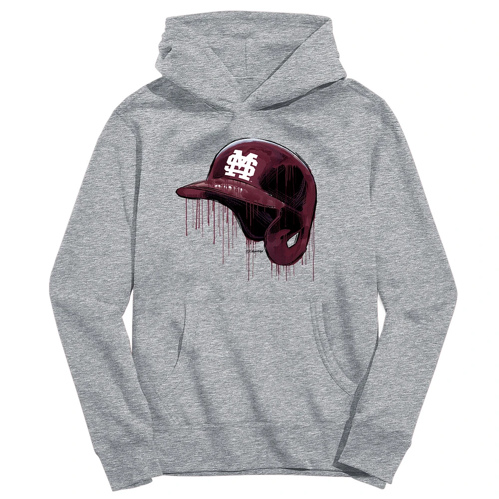Youth Vive La Fete Heather Gray Mississippi State Bulldogs Dripping Baseball Helmet Pullover Hoodie